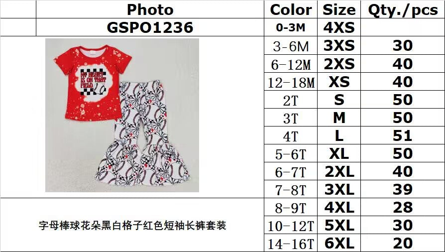 RTS no moq GSPO1236 Alphabet baseball flower black and white plaid red short-sleeved trousers suit