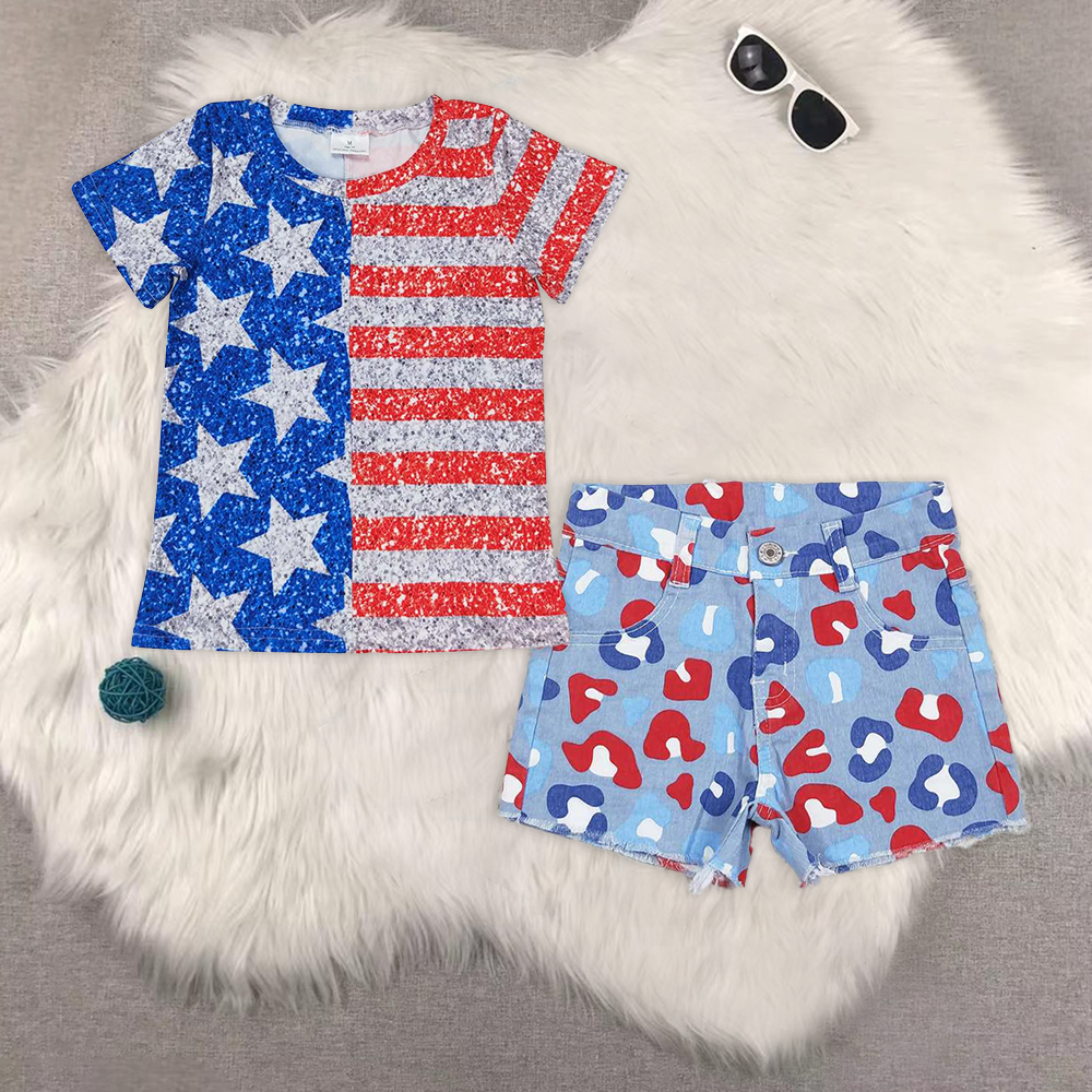 RTS NO MOQ GT0584+SS0166 Girls National Day BABE white short-sleeved top Red and blue leopard print denim shorts