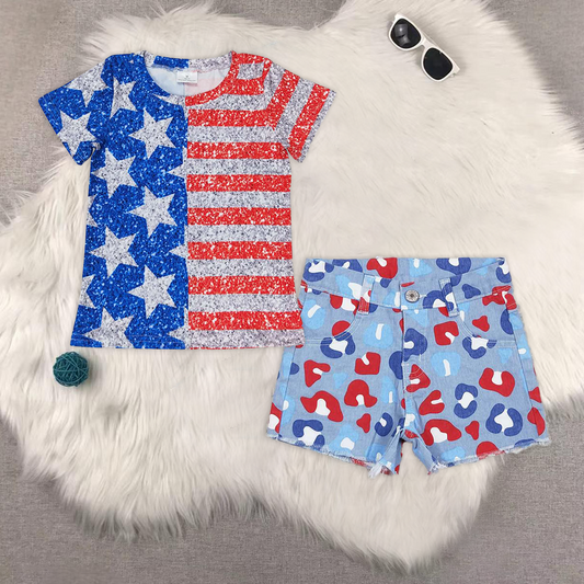 RTS NO MOQ GT0584+SS0166 Girls National Day BABE white short-sleeved top Red and blue leopard print denim shorts