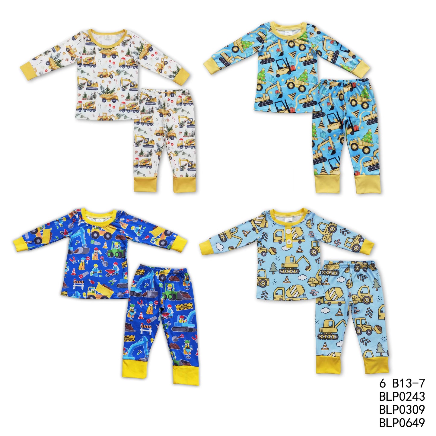 RTS NO MOQ Baby Boys Construction Truck Print Long Sleeve Trousers Set