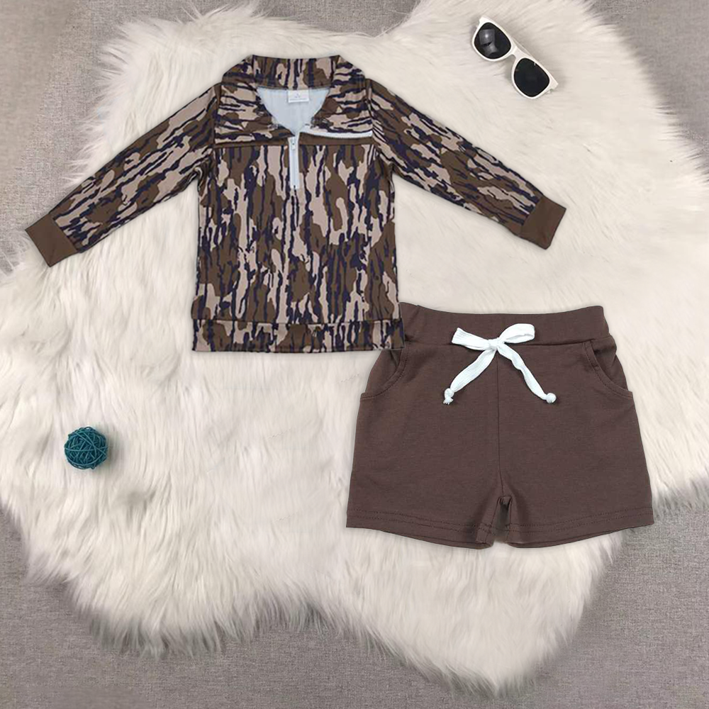 RTS NO MOQ BT0181+SS0134 camouflage long-sleeved top Brown pocket shorts