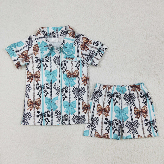 RTS NO MOQ ETA 5/7days Arrived GSSO1858 Striped leopard check bow pattern blue and white short-sleeved shorts pajama set