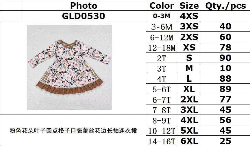 RTS NO MOQ ETA 5/7days arrived GLD0530 Pink flower leaf polka dot plaid pocket lace long sleeve dress