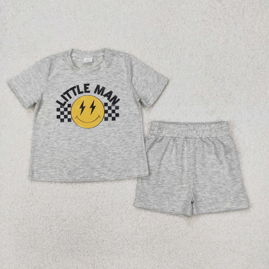 RTS NO MOQ ETA 5/7days Arrived BSSO1303 Offset printing little man lightning smiley gray short-sleeved shorts set