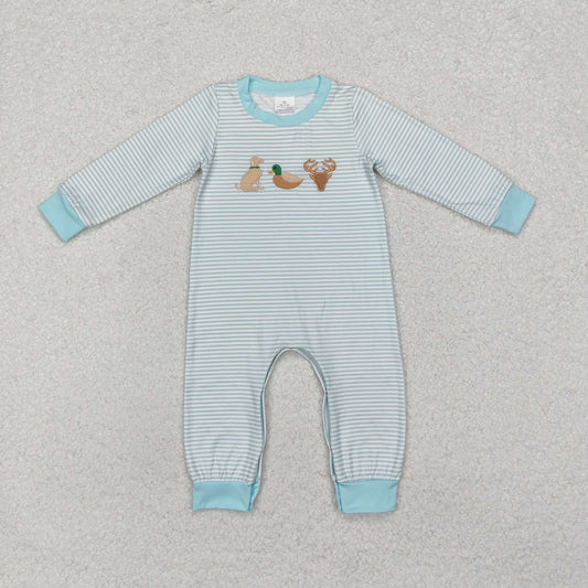 RTS NO MOQ ETA 5/7days arrived LR1895 Embroidery Puppy Duck Elk Blue Stripe Long Sleeve Bodysuit