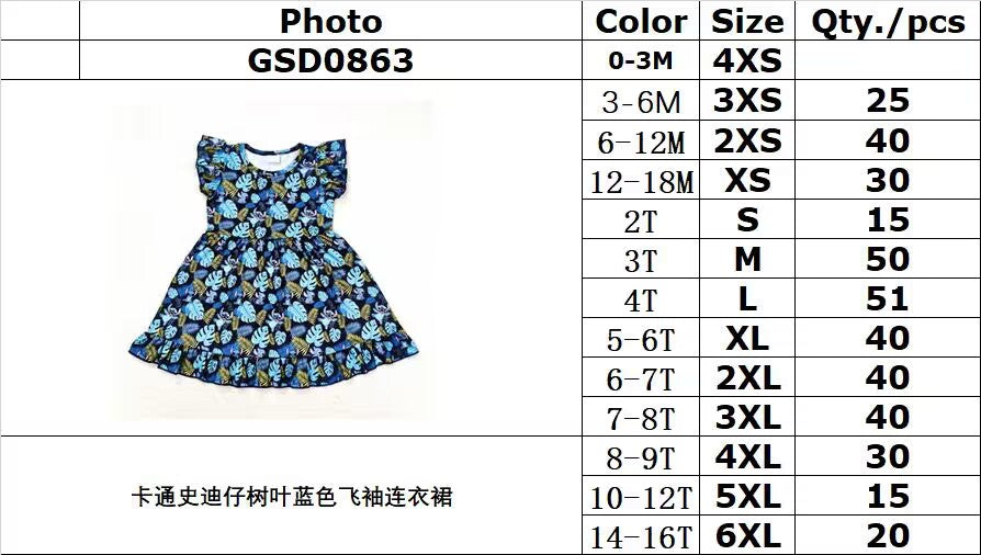 GSD0863 Cartoon Stitch Leaves Blue Flying Sleeve Dress