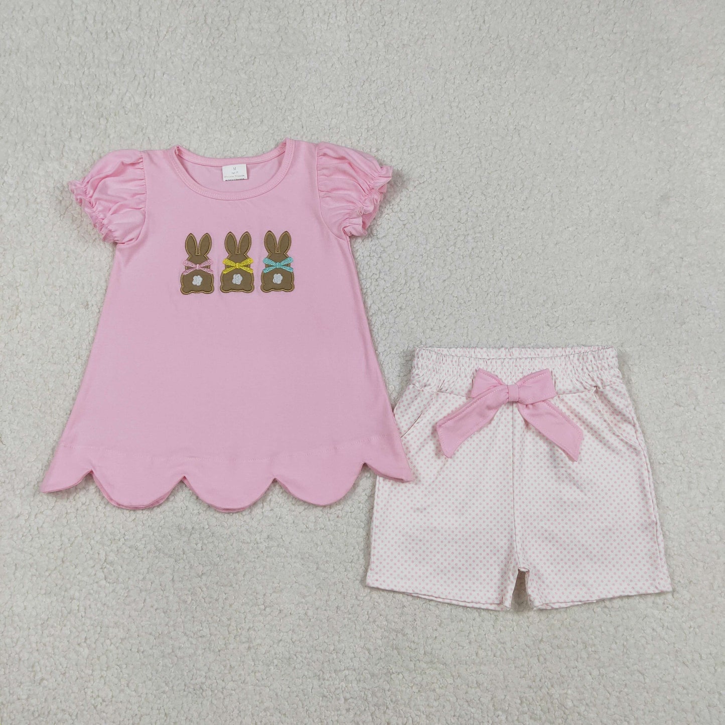 RTS NO MOQ（In Stock) GSSO2829 Embroidered Easter Bunny Pink Short-Sleeved Shorts Set