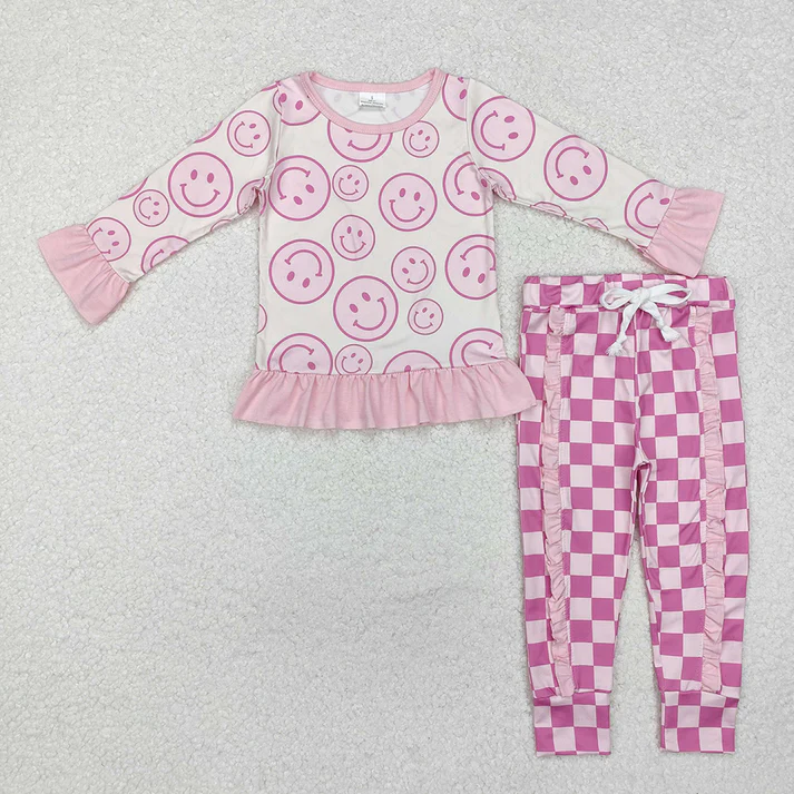 RTS NO MOQ Baby Boys and Girls Smiley Face Print Long Sleeve Top and Plaid Pants Set