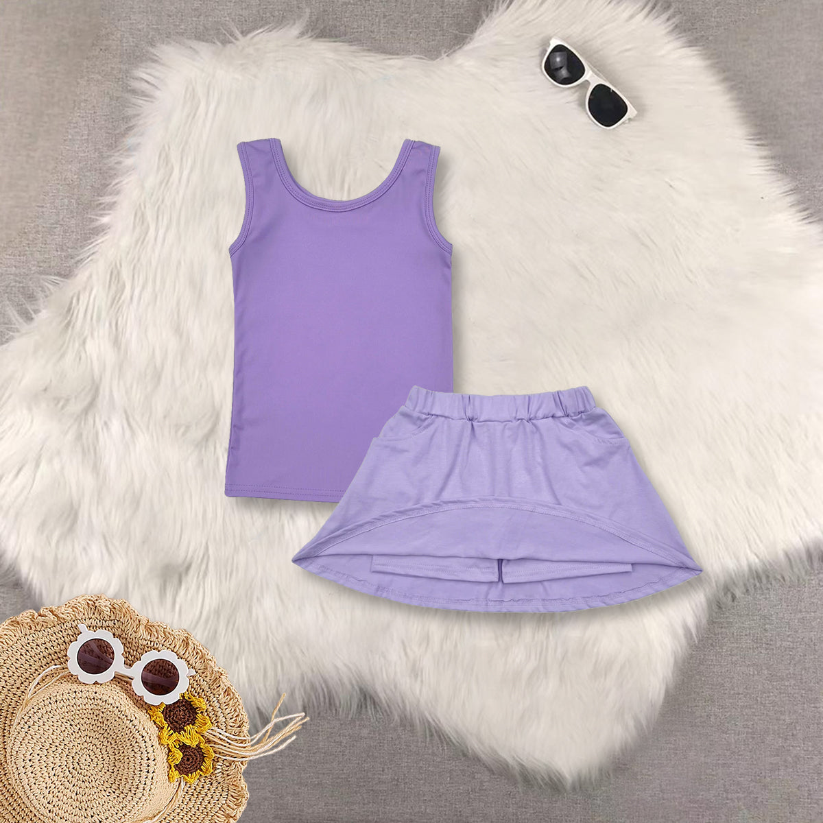 RTS NO MOQ purple yoga short-sleeved top pants skirt sets