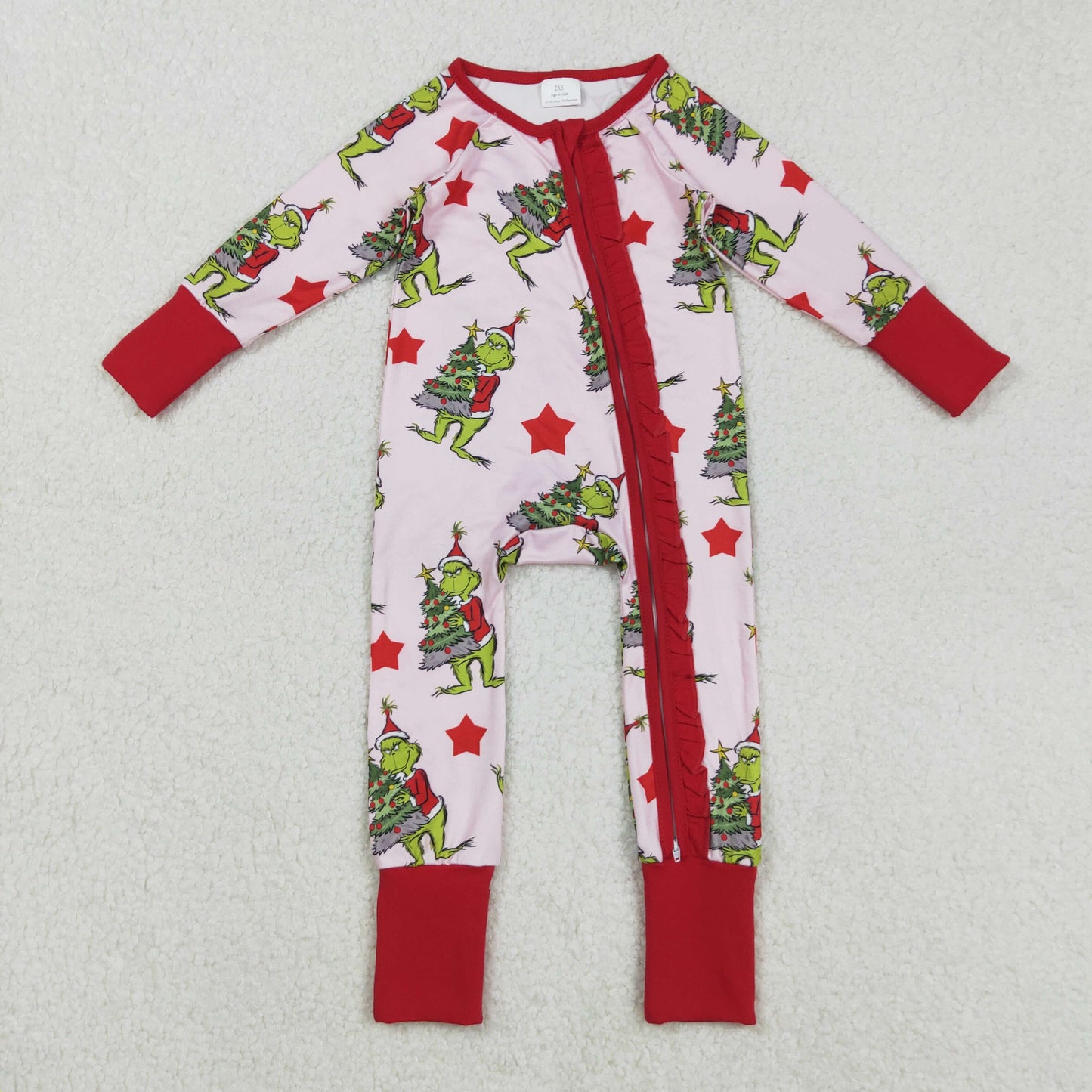 RTS NO MOQ（In Stock) LR2496 Christmas cartoon tree star red lace pink zipper long-sleeved bodysuit