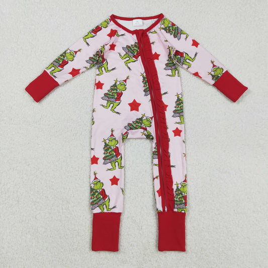 RTS NO MOQ（In Stock) LR2496 Christmas cartoon tree star red lace pink zipper long-sleeved bodysuit