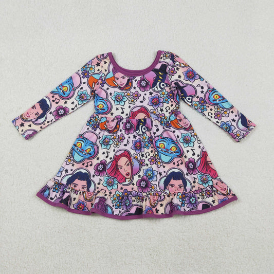 RTS NO MOQ（In Stock) GLD1351 Kpop Flower Music Cartoon Purple Long-Sleeved Dress