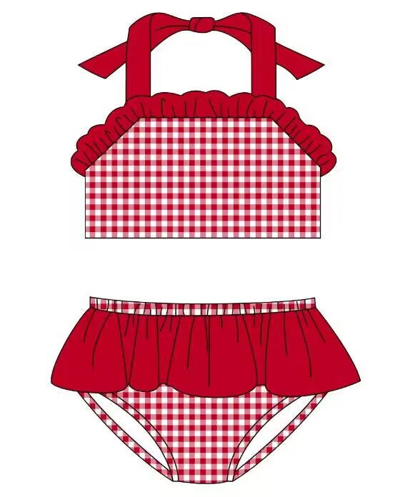 custom moq 5 eta 4-6 weeks girls red grid summer swimsuit summer swimming