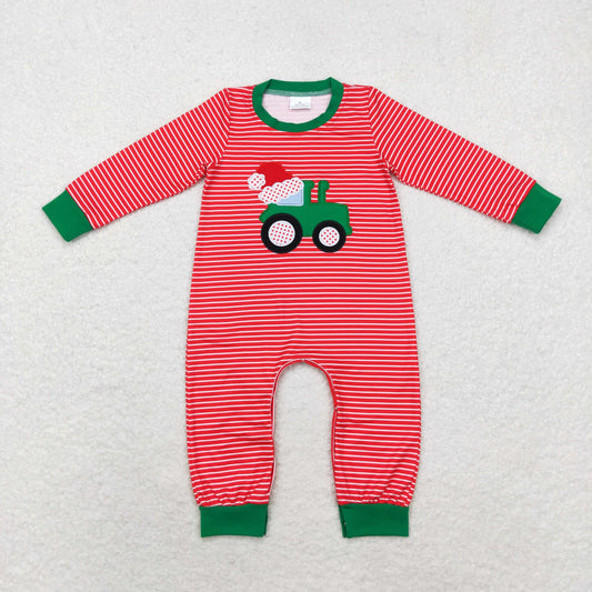 rts no moq LR1401 Embroidered Santa hat tractor striped red long-sleeved jumpsuit