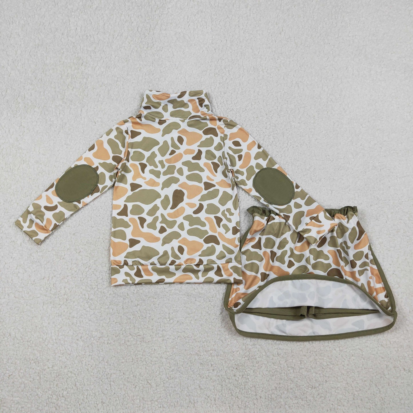 RTS NO MOQ（In Stock) GLD1545 Orange-green camouflage zip-up long-sleeved skirt set