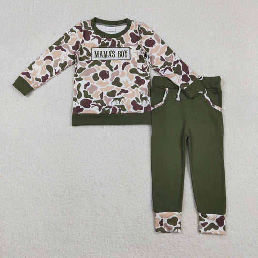 RTS NO MOQ（In Stock ) BLP1338 Embroidered Mama's Boy Duck and Puppy Camouflage Long-Sleeved Pants Set