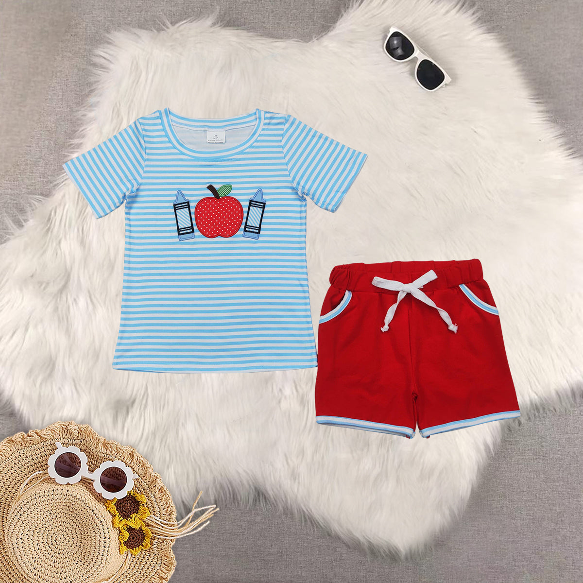 RTS NO MOQ baby girl clothes embroidery back to school short-sleeved shorts suit & short-sleeved sets