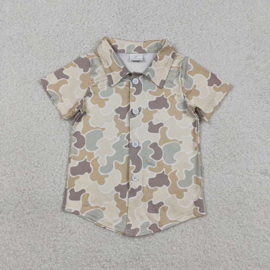 RTS NO MOQ（In Stock) BT1566 Yellow-brown-green camouflage button short-sleeved top
