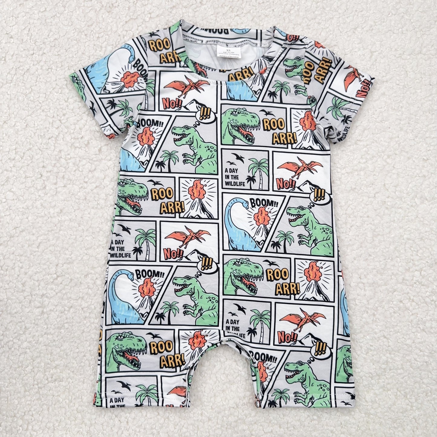 RTS SALES NO MOQ	 蓝绿色恐龙火山椰子树白底连体衣Teal Dinosaur Volcano Coconut Tree White Bodysuit