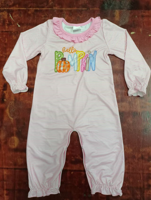 Custom moq 3 eta 6-7weeks  Embroidered Pumpkin Word Pink Striped Ruffled Neck Long Sleeve Romper