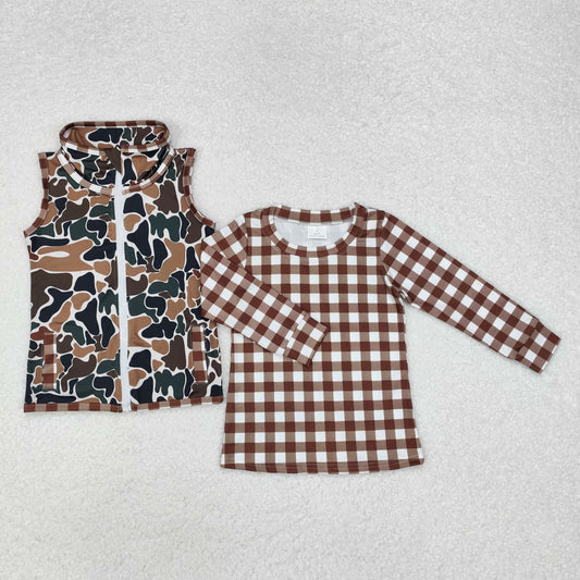 RTS NO MOQ ETA 5/7days Arrived BT0853+BT0856 Brown plaid long-sleeved top camouflage beige sleeveless zipper vest 2 pieces suit