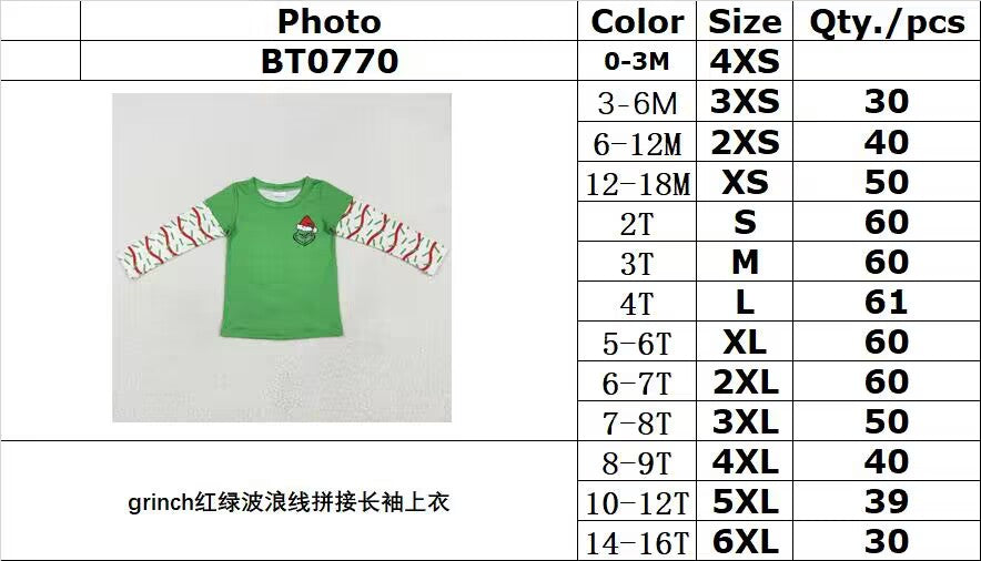 rts no moq BT0770 Grinch red and green wavy line stitching long-sleeved top