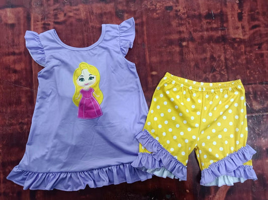 custom moq 5 eta 5weeks mix size Summer girls disney princess purple flying sleeve yellow dots shorts suit