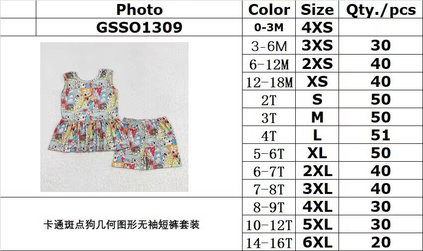 RTS NO MOQ GSSO1309 Cartoon Dalmatian geometric pattern sleeveless shorts set