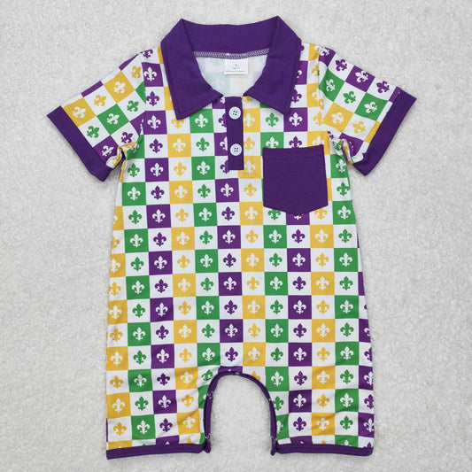RTS NO MOQ（In Stock) SR2385 carnival plaid purple pocket short-sleeved jumpsuit