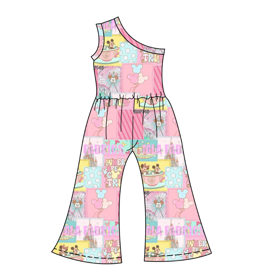 Custom moq 3 eta 7/8week moq 5 eta /4/5week cartoon one shoulder overalls jumpsuit