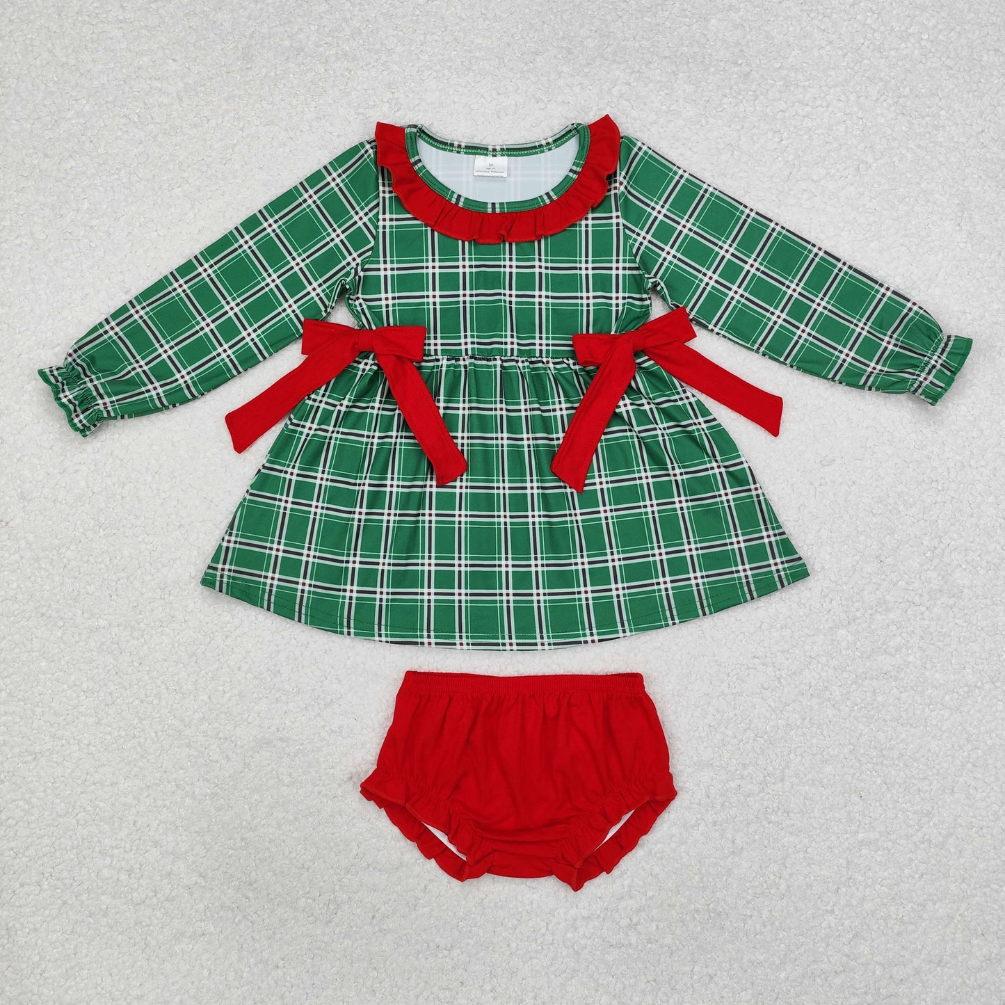 RTS NO MOQ ETA 5/7days Arrived GBO0406 Christmas Plaid Red Lace Bow Green Long Sleeve Briefs Set