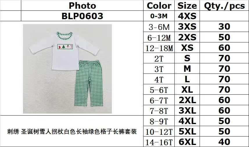 rts no moq BLP0603 Embroidered Christmas Tree Snowman Cane White Long Sleeve Green Plaid Trousers Set