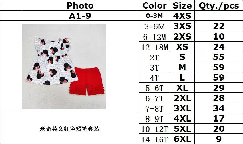 rts no moq A1-9 Cartoon English Red Shorts Set