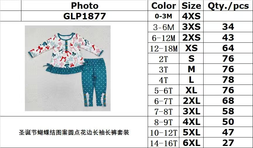 RTS NO MOQ ETA 5/7days Arrived GLP1877 Christmas bow pattern polka dot lace long sleeve trousers suit