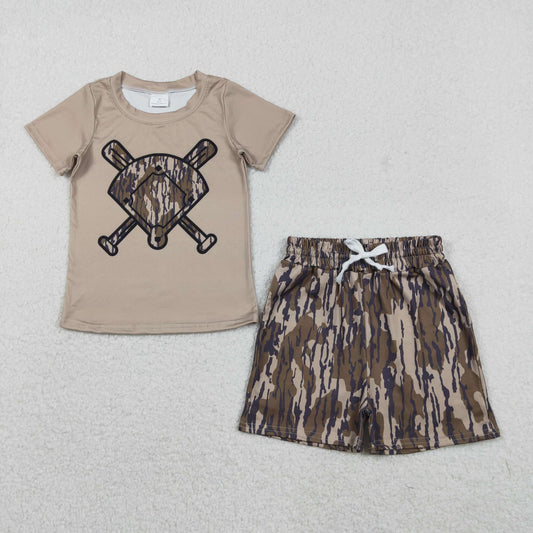 RTS NO MOQ（In Stock) BT1419+SS0731 Army Green Camouflage Fan Baseball Short-Sleeved Top Shorts sets set-BSSO1587