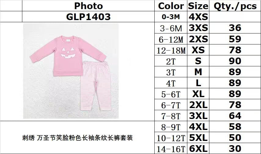 rts no moq GT0717+P0625 Halloween embroidery devil's smile pink long-sleeved top Pink striped pants sets