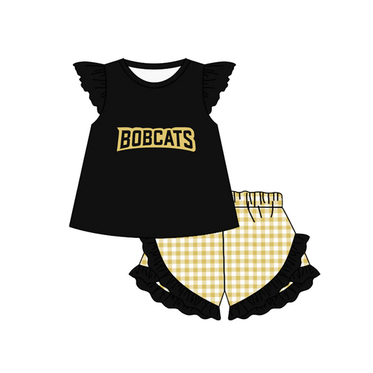 Deadline: February 9th custom no moq Black and gold striped summer girls short-sleeved shorts suit