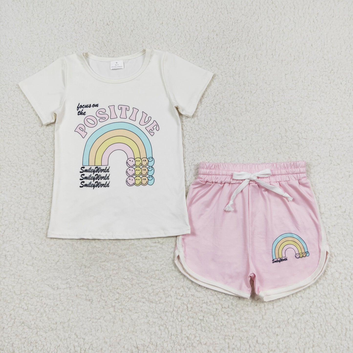 RTS no moq GSSO1175 Positive letter rainbow short-sleeved pink shorts set