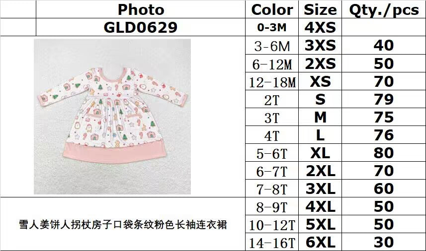 rts no moq GLD0629 Snowman gingerbread man candy cane house pocket striped pink long sleeve dress