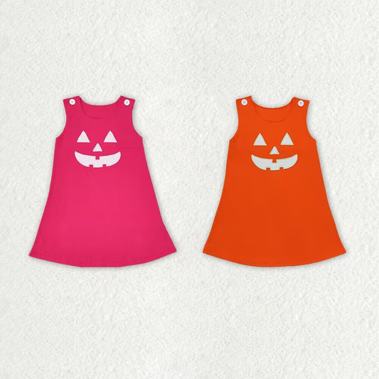 RTS NO MOQ Embroidered Pumpkin Face Button Sleeveless Dress; Pink & Orange