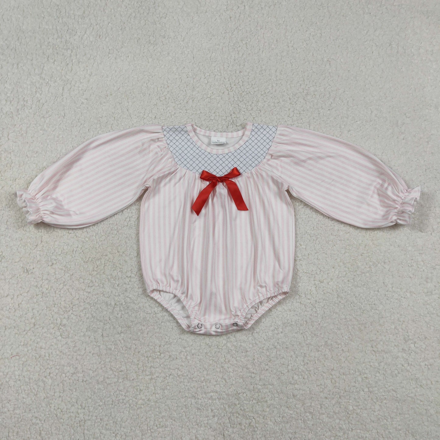 RTS NO MOQ（In Stock) Embroidered Red Bow Pink Striped Long-Sleeve Jumpsuit
