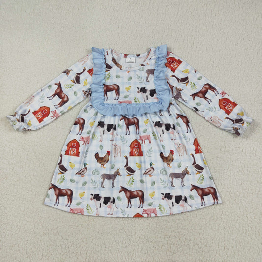 RTS NO MOQ（In Stock) GLD1171 farm animals red house blue lace plaid long sleeve dress