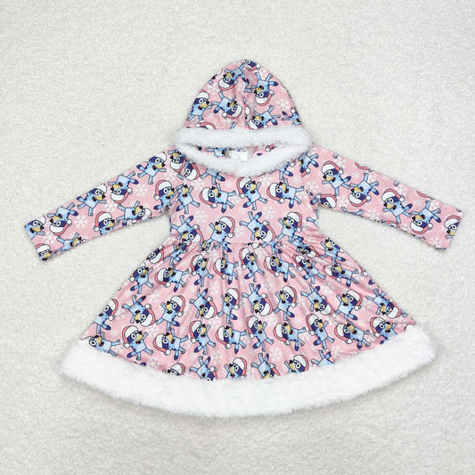 Deadline September 20 custom no moq eta 6-8weeks  Pink Santa Hat Puppy Snowflake Hooded Plush Long Sleeve Dress