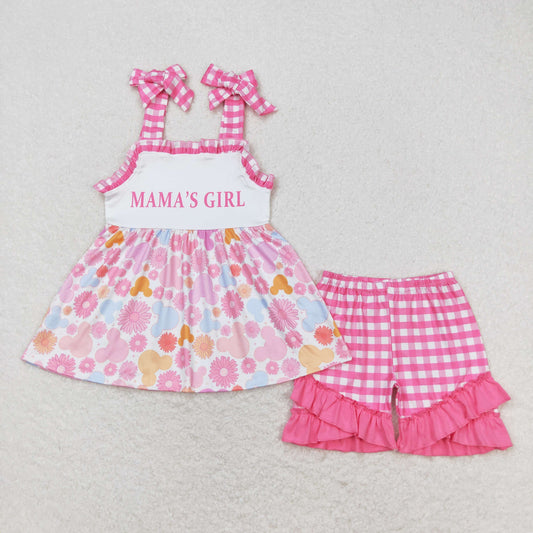 GSSO0819 mama's girl letter flower Mickey rose pink plaid lace suspender shorts suit