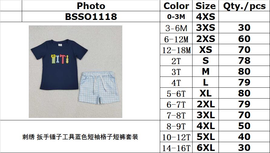 RTS NO MOQ ETA 5/7days Arrived BSSO1118 Embroidered wrench hammer tool blue short-sleeved plaid shorts set