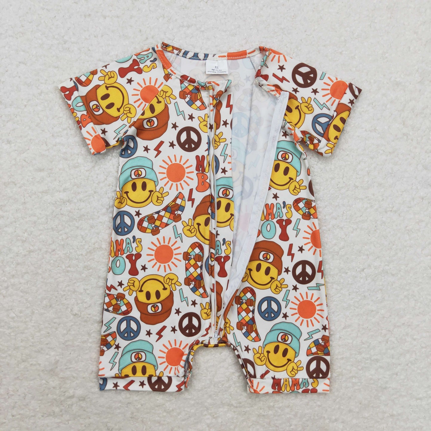 RTS no moq SR1776 Mama's boy smiley face sun skateboard zipper short-sleeved jumpsuit