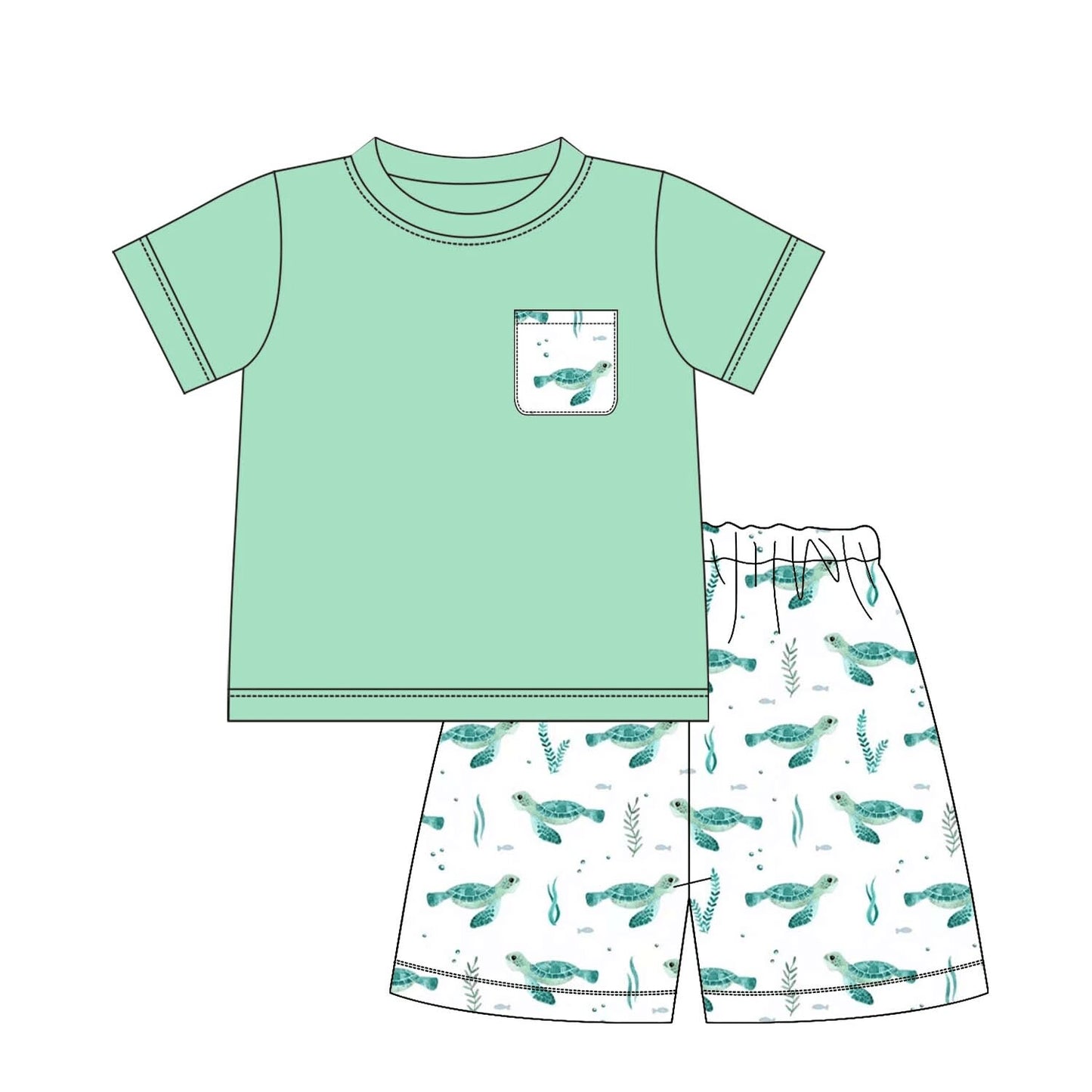 custom moq 5 eta 4-5 weeks baby boys clothes green turtle short sleeve shorts summer outfit