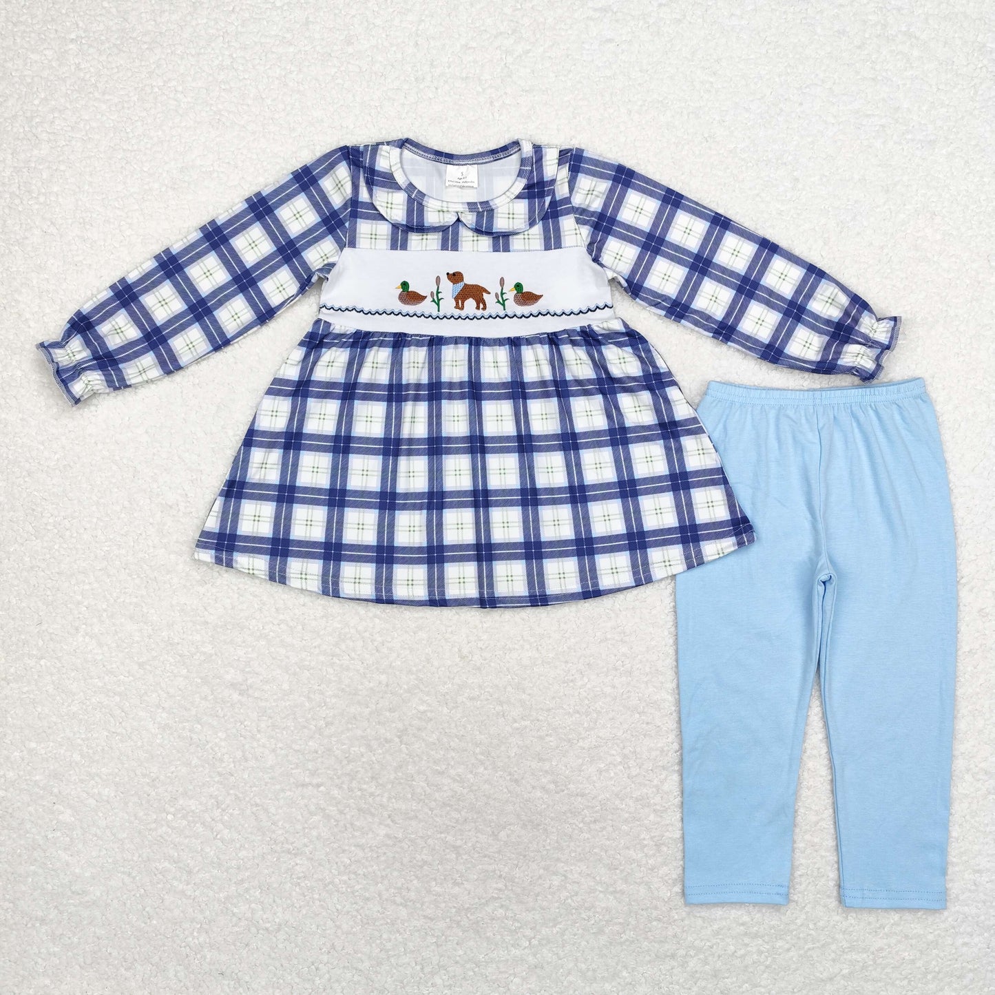 rts no moq GLP1599 Embroidered Duck Puppy Plaid Doll Collar Long Sleeve Blue Pants Set