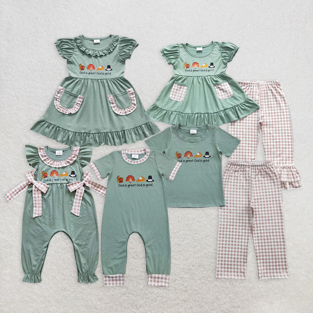 RTS Sibling baby boy girl clothes cotton fabric with viny  god is great offset turkey pocket green short god is great offset turkey plaid bow green short-sleeved jumpsuit