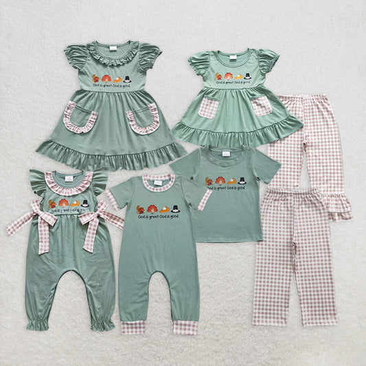 RTS Sibling baby boy girl clothes cotton fabric with viny  god is great offset turkey pocket green short god is great offset turkey plaid bow green short-sleeved jumpsuit